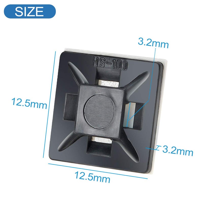 XHF 200 PCS 1/2" Black Self Adhesive Cable Zip Tie Mounts Wire Cable Clips Holders Management Anchors Organizer Holders Squares(HS-100) - Image 3